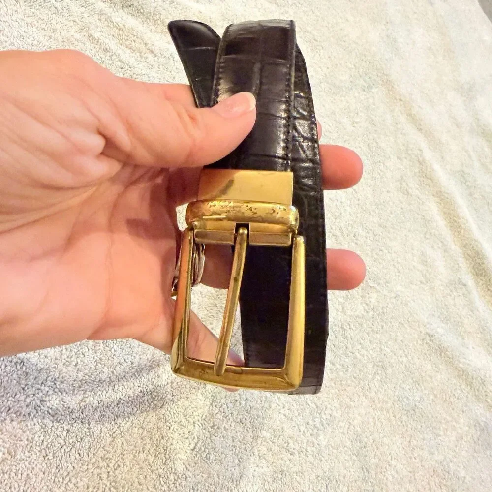 Men’s Brown Black Leather Belt Reversible Brass Buckle 38 Classic Golf 1” wide
